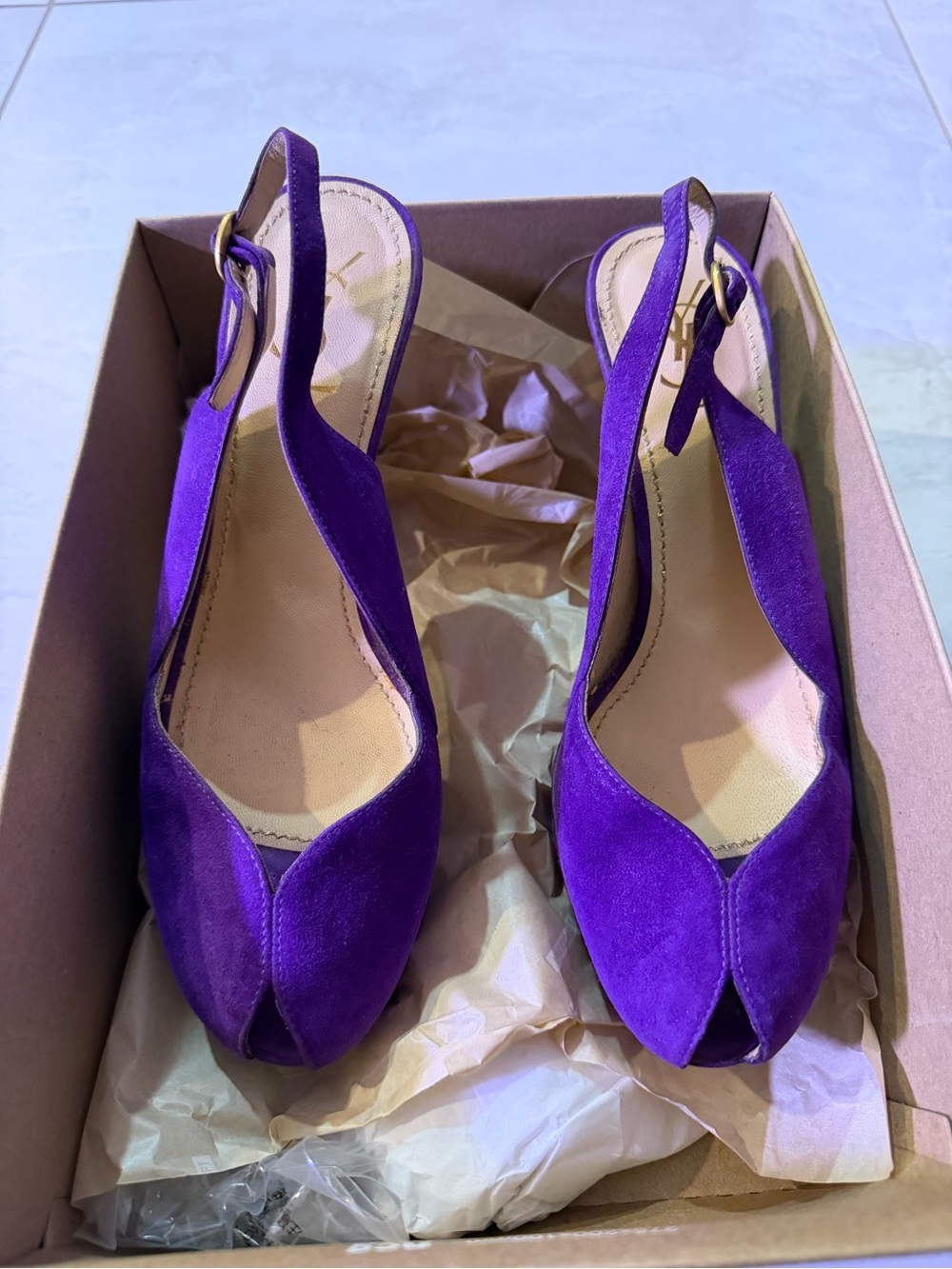 Yves Saint Laurent Violet Suede Peep-Toe Slingback Heels